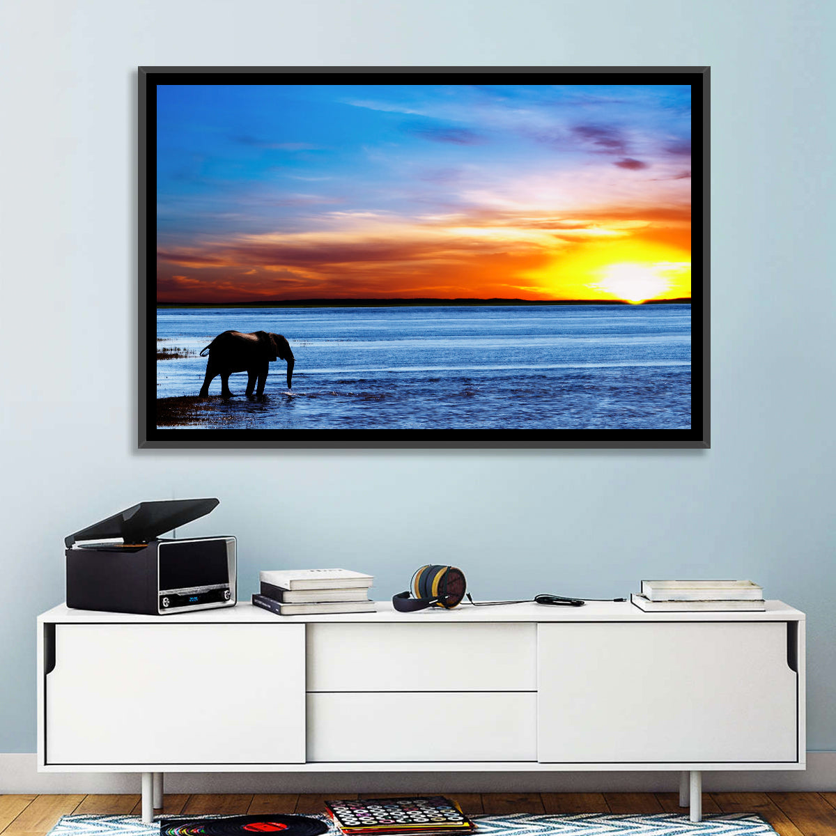 Elephant Silhouette at Beach Sunset Wall Art