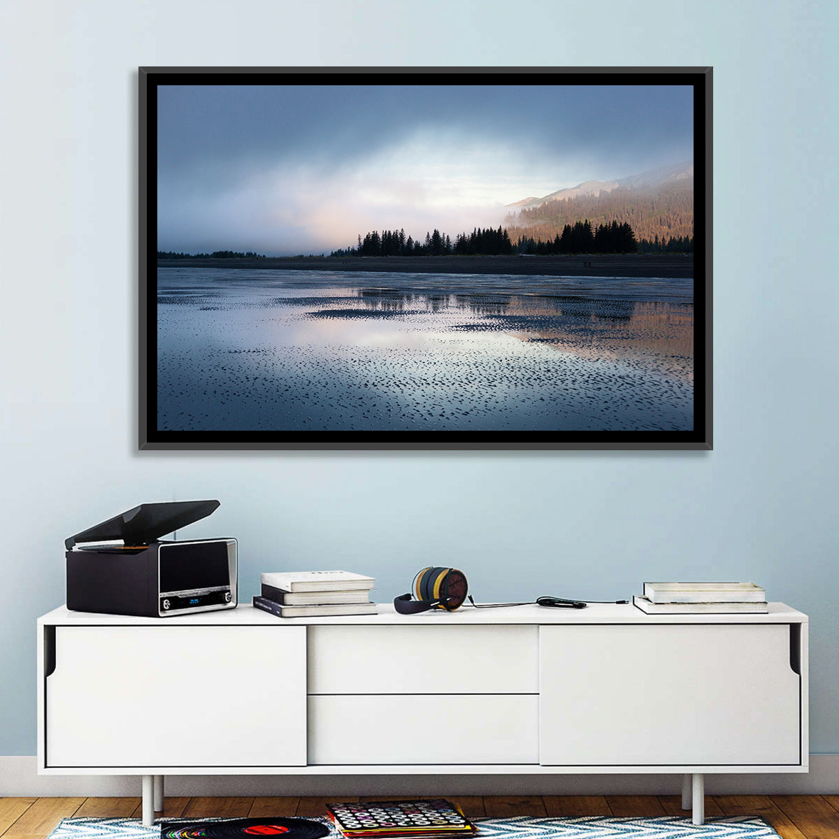Lake Clark Foggy Shoreline Wall Art in a room, landscape