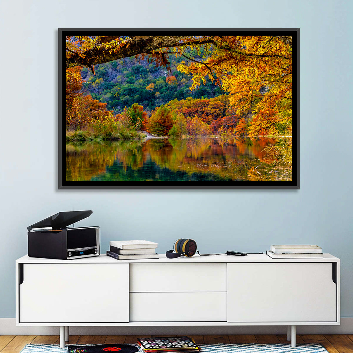 Frio River Autumn Reflection Wall Art in a room, landscape