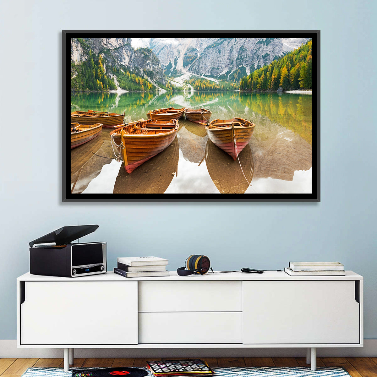 Rowboats on Lake Braies Wall Art in a room, landscape