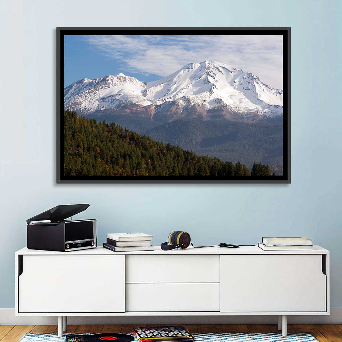 Mount Shasta Snow Peaks Wall Art in a room, landscape