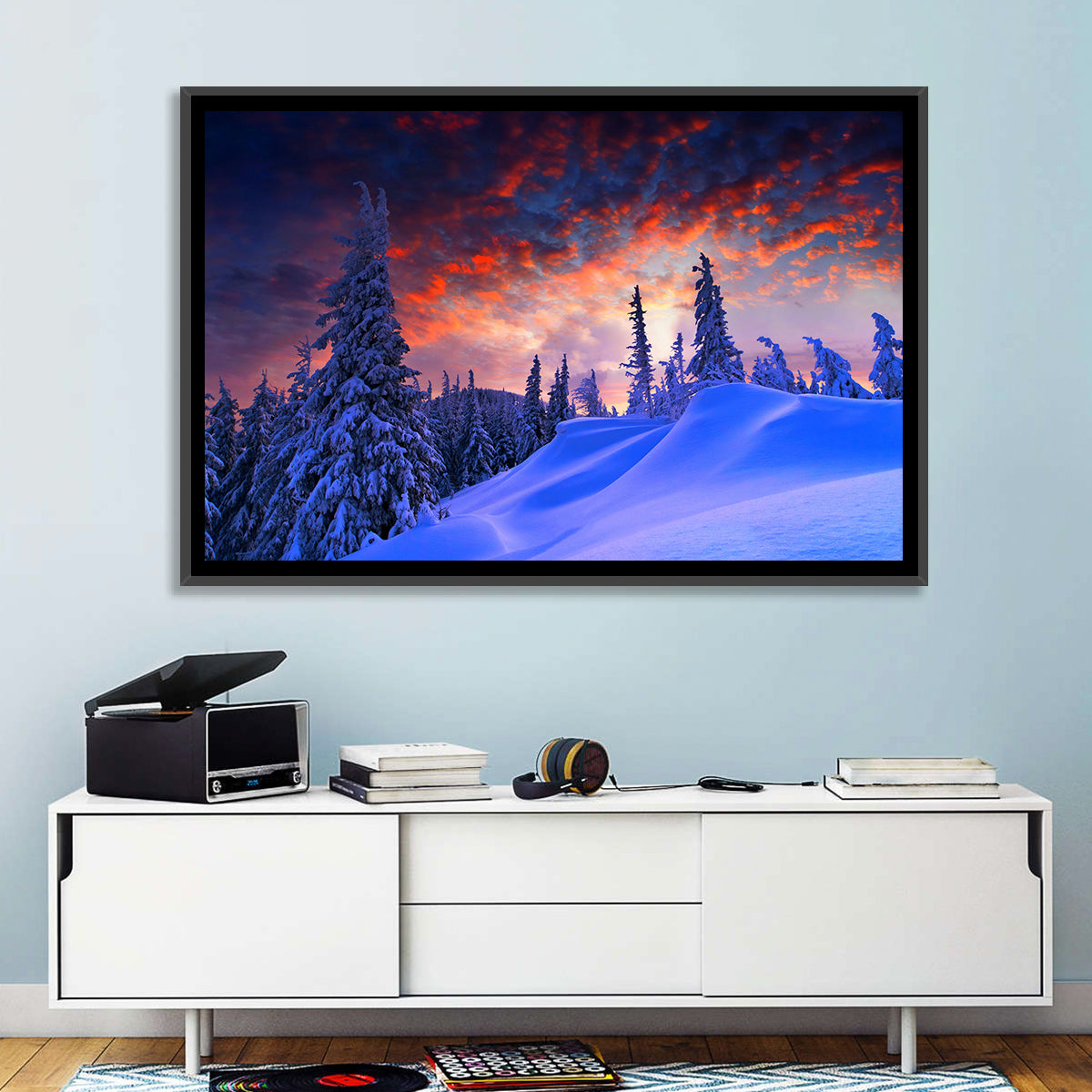 Snow-covered Mountain Sunset Wall Art in a room, landscape