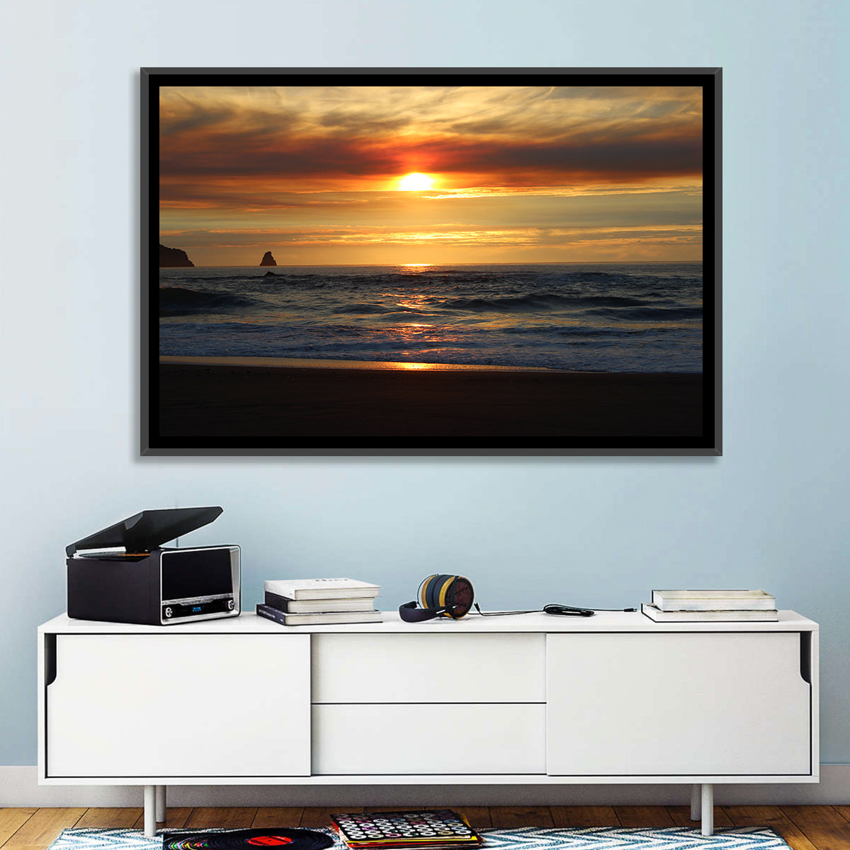 Oregon Sea Stack Sunset Wall Art in a room, landscape