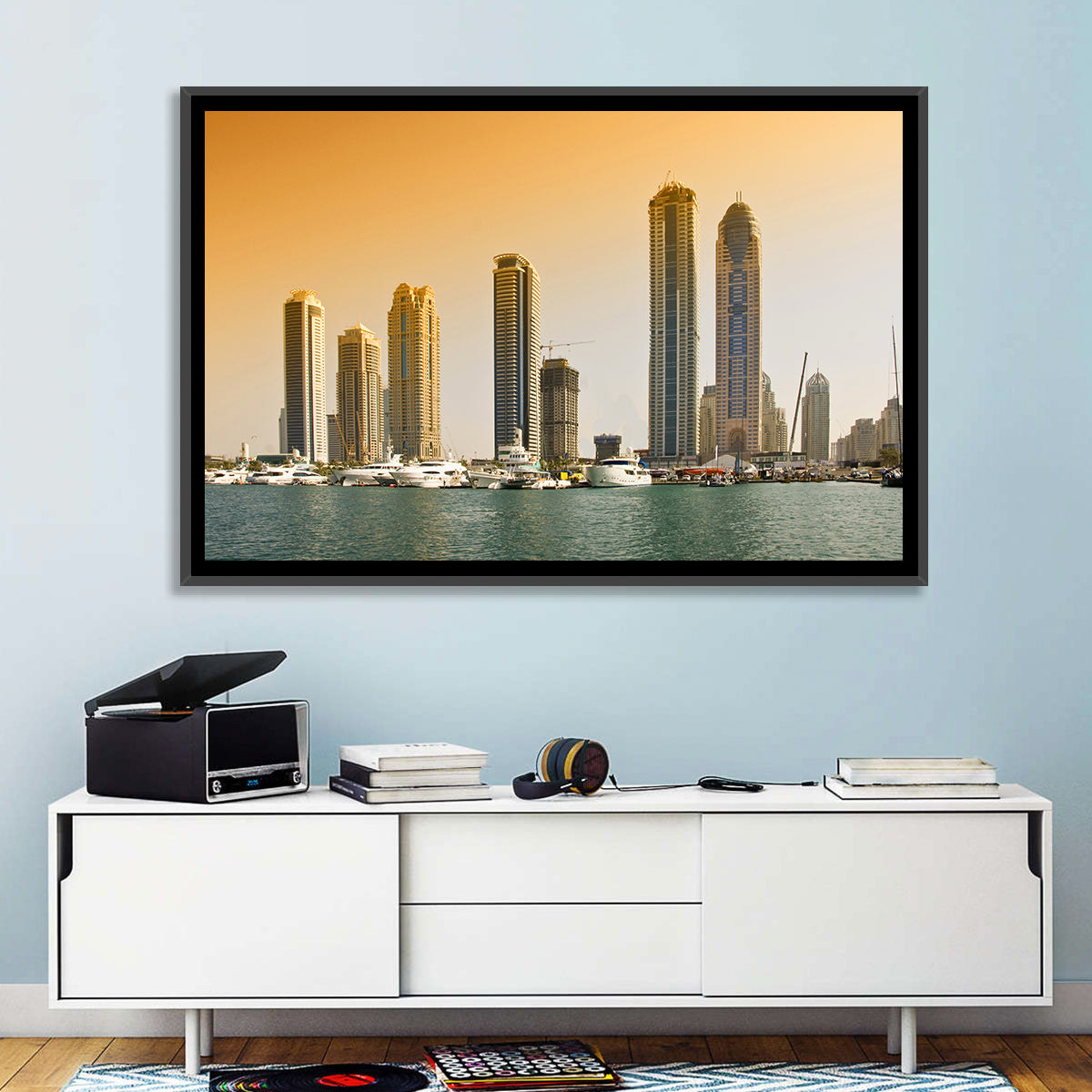 Dubai Marina Sunset Skyline with Yachts Wall Art in a room, landscape