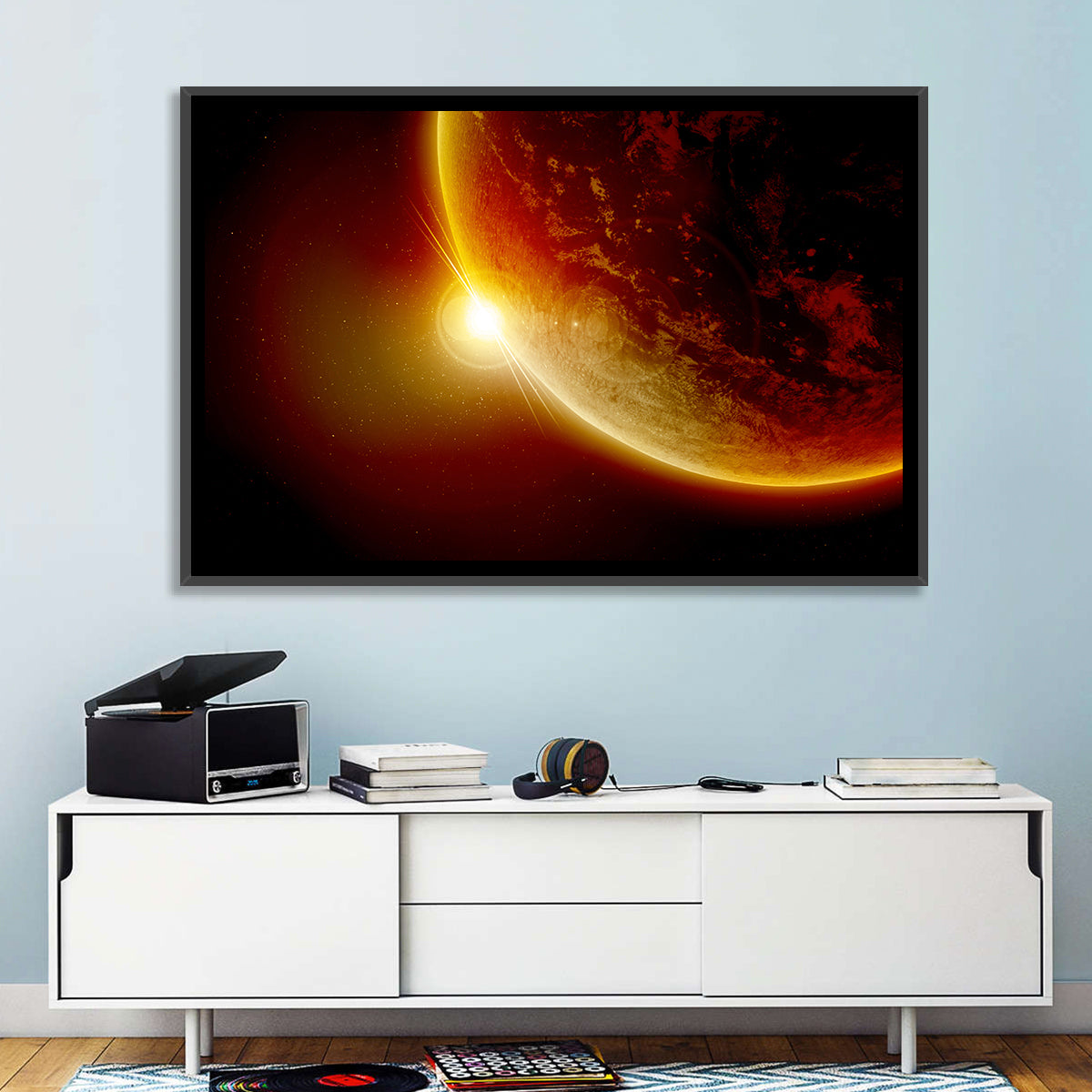 Red Planet Sunrise Limb Flare Wall Art in a room, landscape