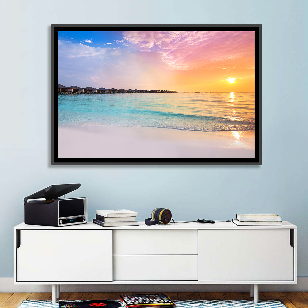 Overwater Bungalows at Sunset Wall Art in a room, landscape