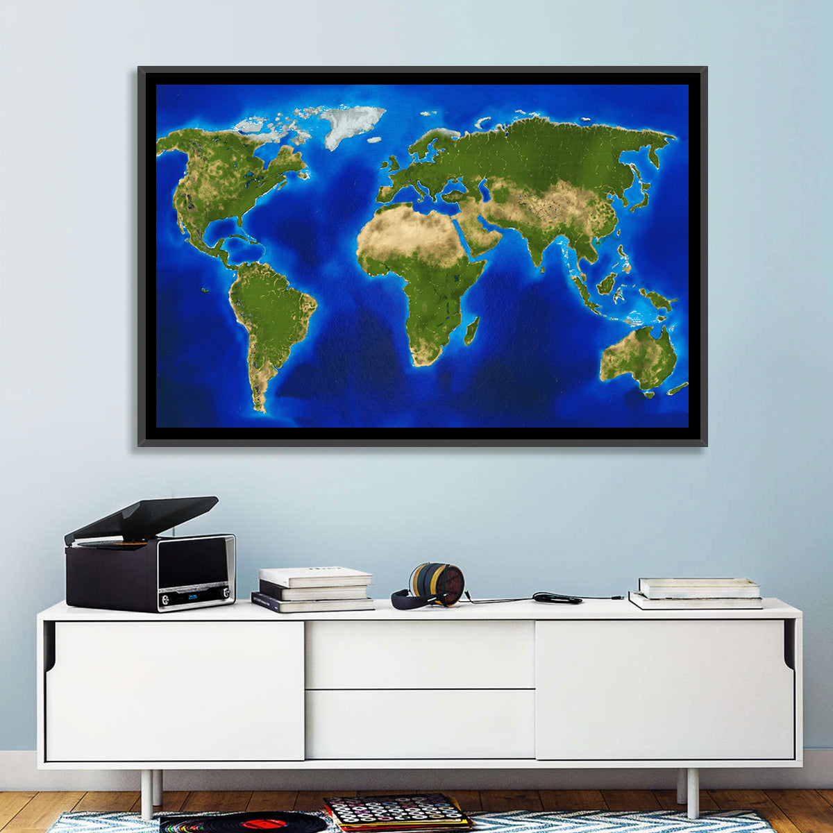 Satellite-style Blue World Map Wall Art in a room, landscape