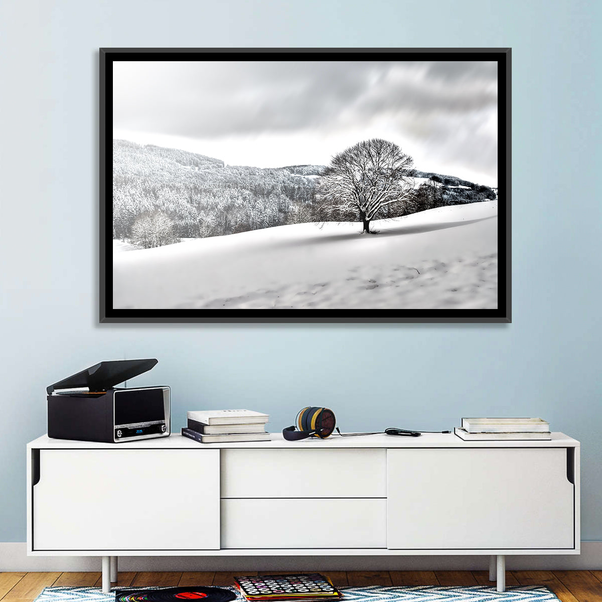 Solitary Snowy Tree Landscape Wall Art in a room, landscape