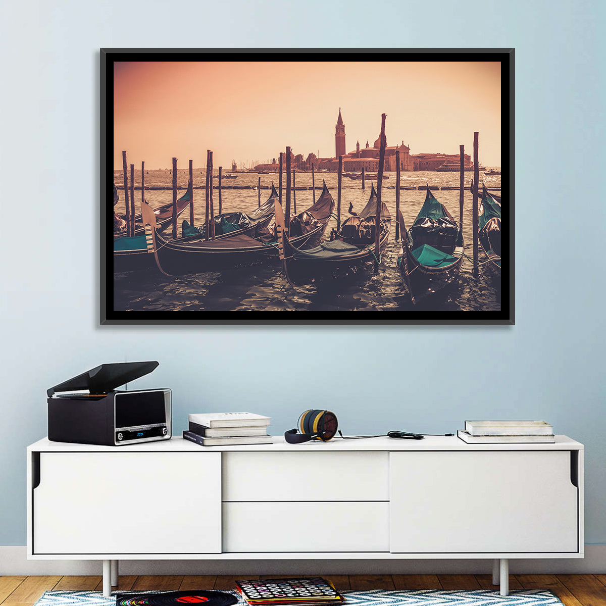 Venetian Gondolas at Dusk Wall Art in a room, landscape