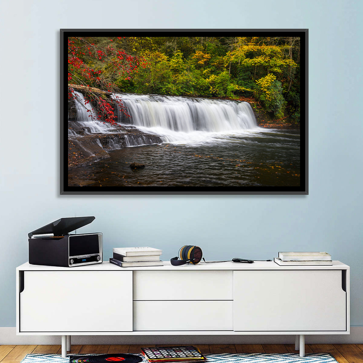 Blue Ridge Autumn Waterfall Wall Art in a room, landscape