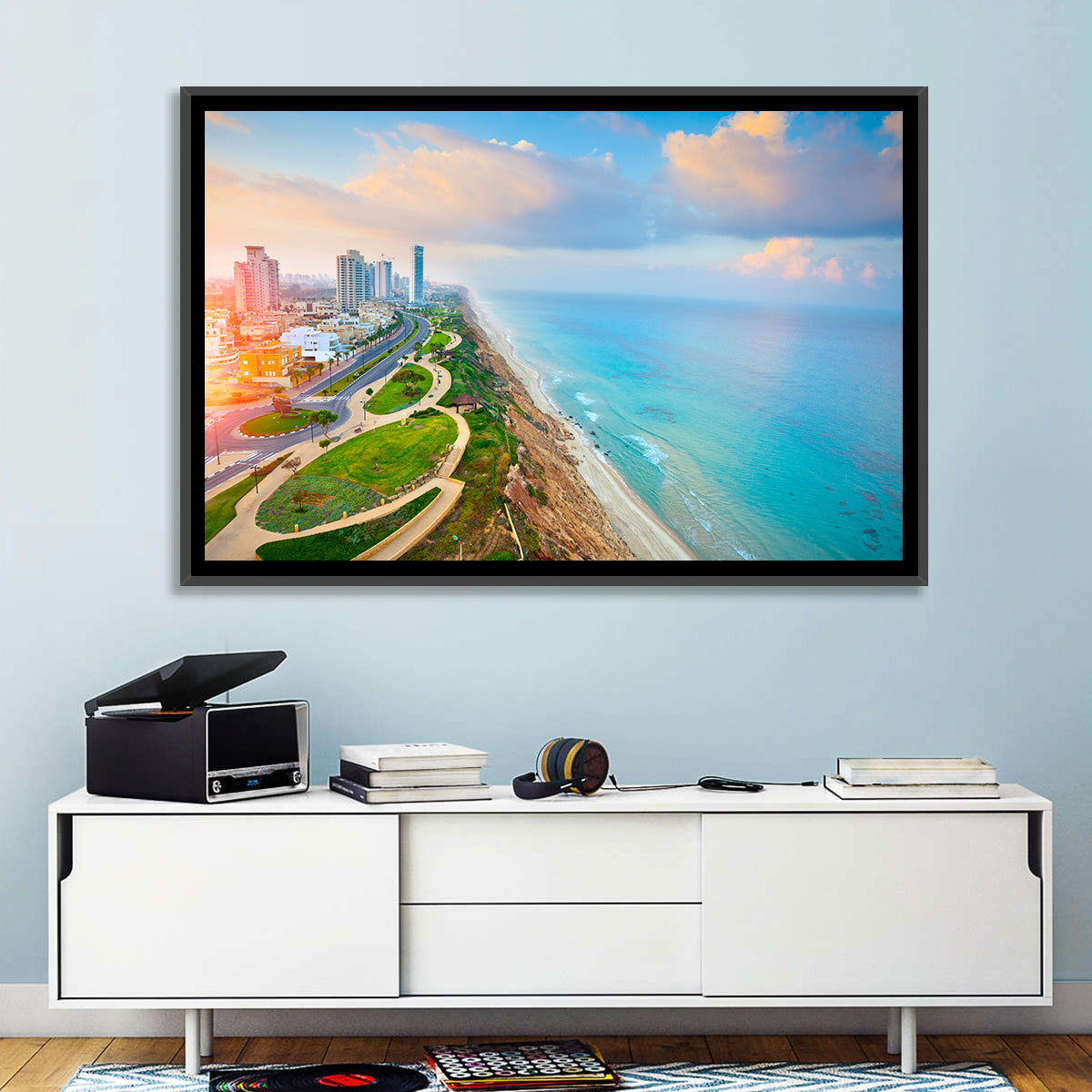 Netanya Coastline at Golden Hour Wall Art in a room, landscape