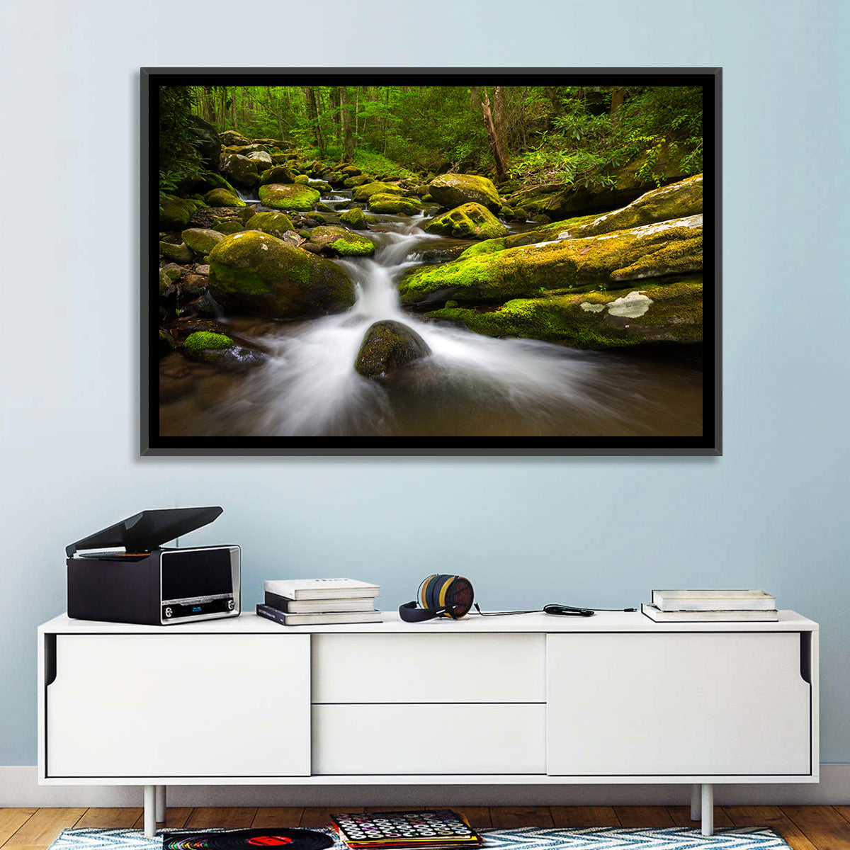 Mossy Forest Stream Wall Art in a room, landscape