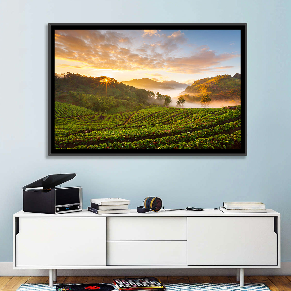 Strawberry Fields Sunrise Wall Art in a room, landscape