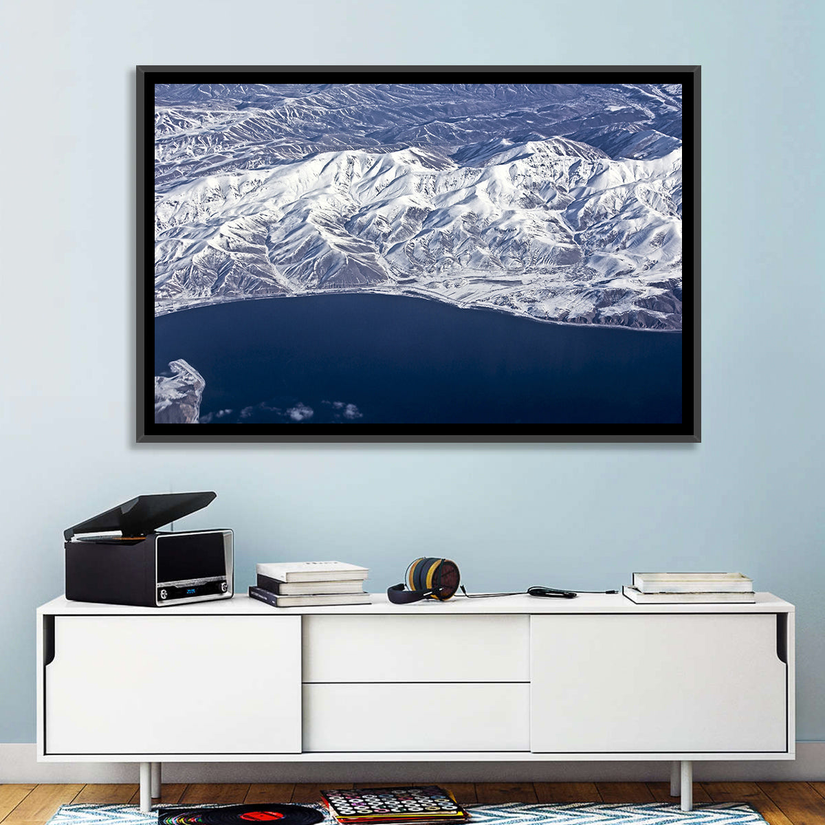 Lake Sevan Aerial Winter View Wall Art in a room, landscape