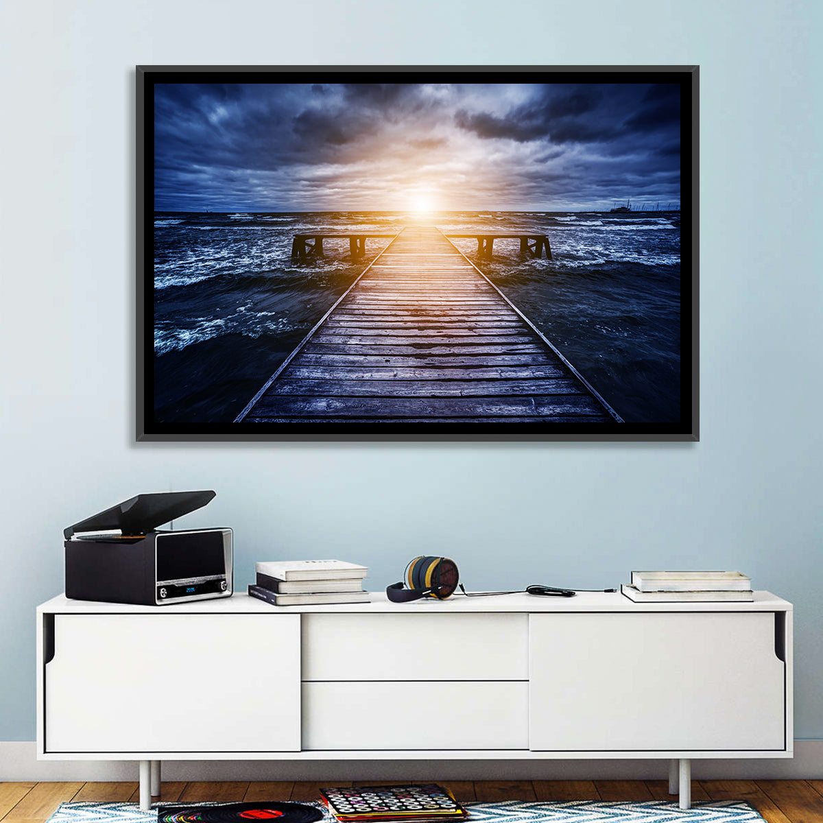 Sunlit Wooden Jetty at Dusk Wall Art