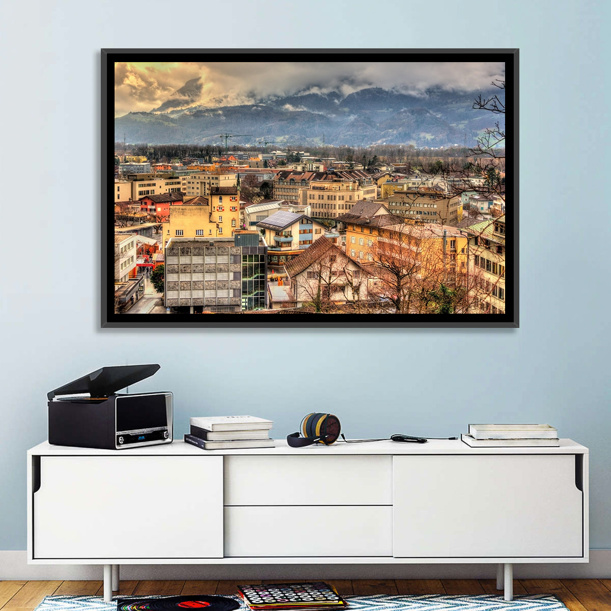 Vaduz Autumn Cityscape Wall Art in a room, landscape
