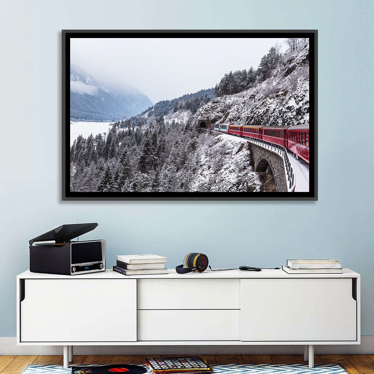 Red Train at Landwasser Viaduct Wall Art in a room, landscape