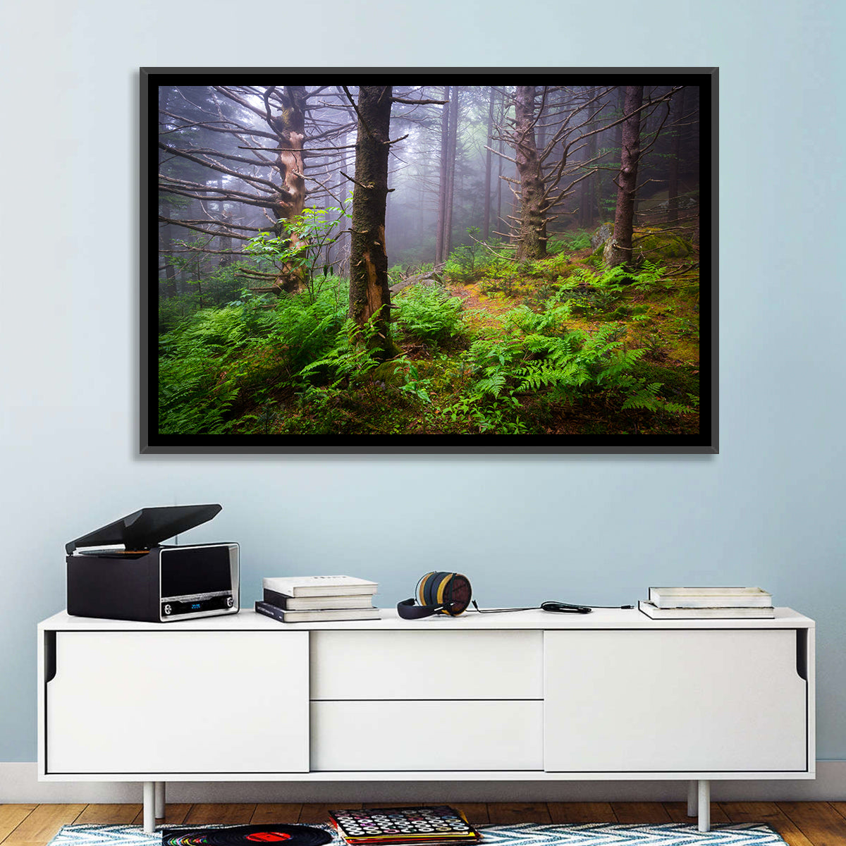 Misty Spruce-fir Trail Wall Art in a room, landscape