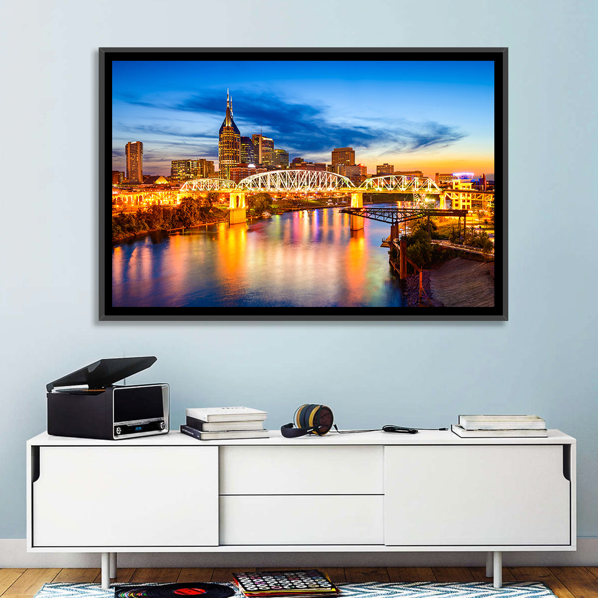 Nashville Skyline at Twilight Bridge Reflections Wall Art