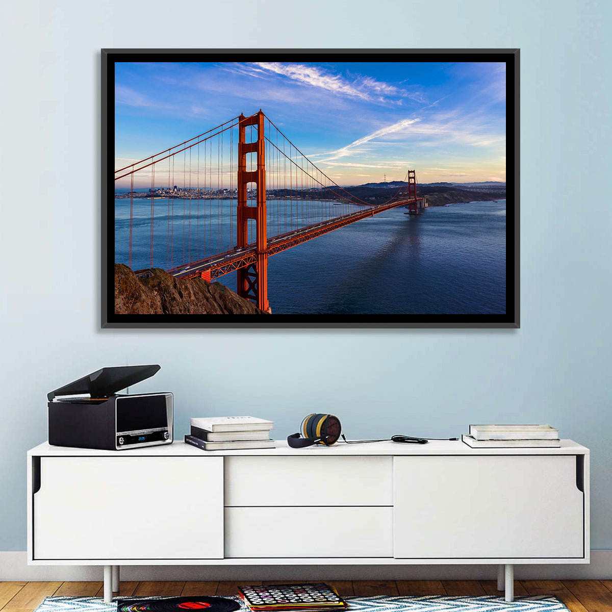 Golden Gate Bridge at Golden Hour Wall Art in a room, landscape
