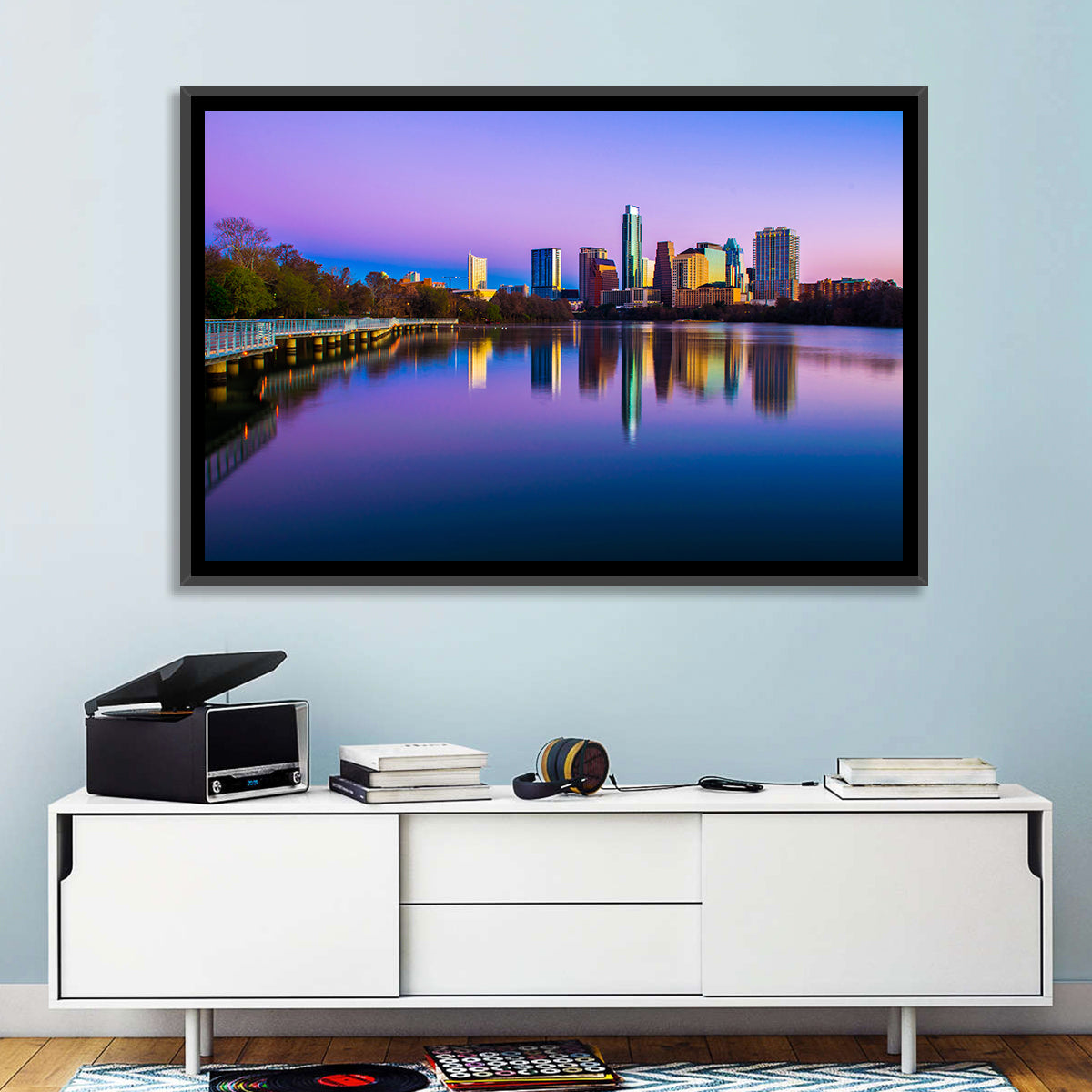 Austin Skyline Reflection at Twilight Wall Art in a room, landscape