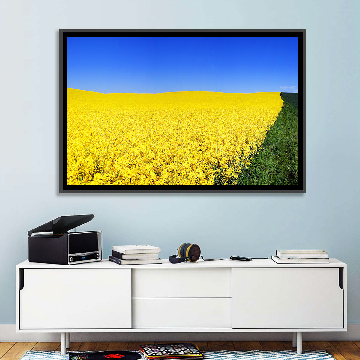 Sunlit Rapeseed Field Wall Art in a room, landscape