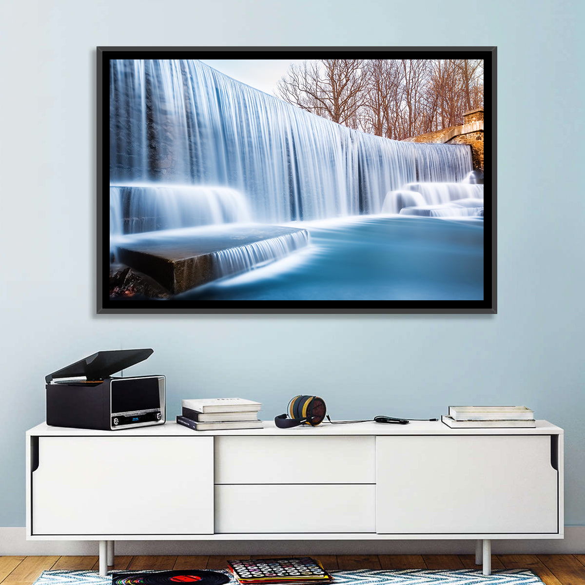 Seeley's Pond Winter Waterfall Wall Art in a room, landscape