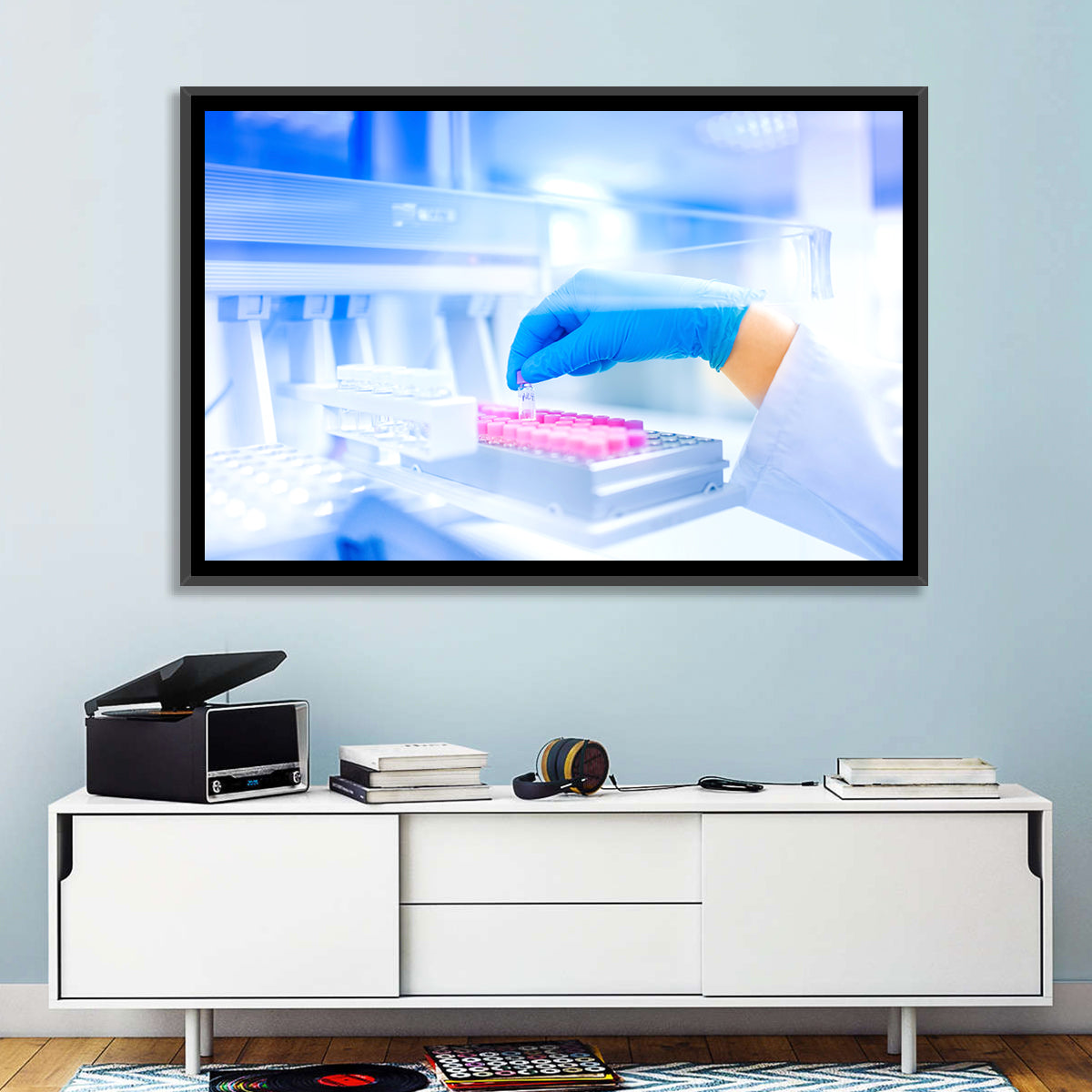 Gloved Hand with Vial and Pink-capped Tubes Wall Art in a room, landscape
