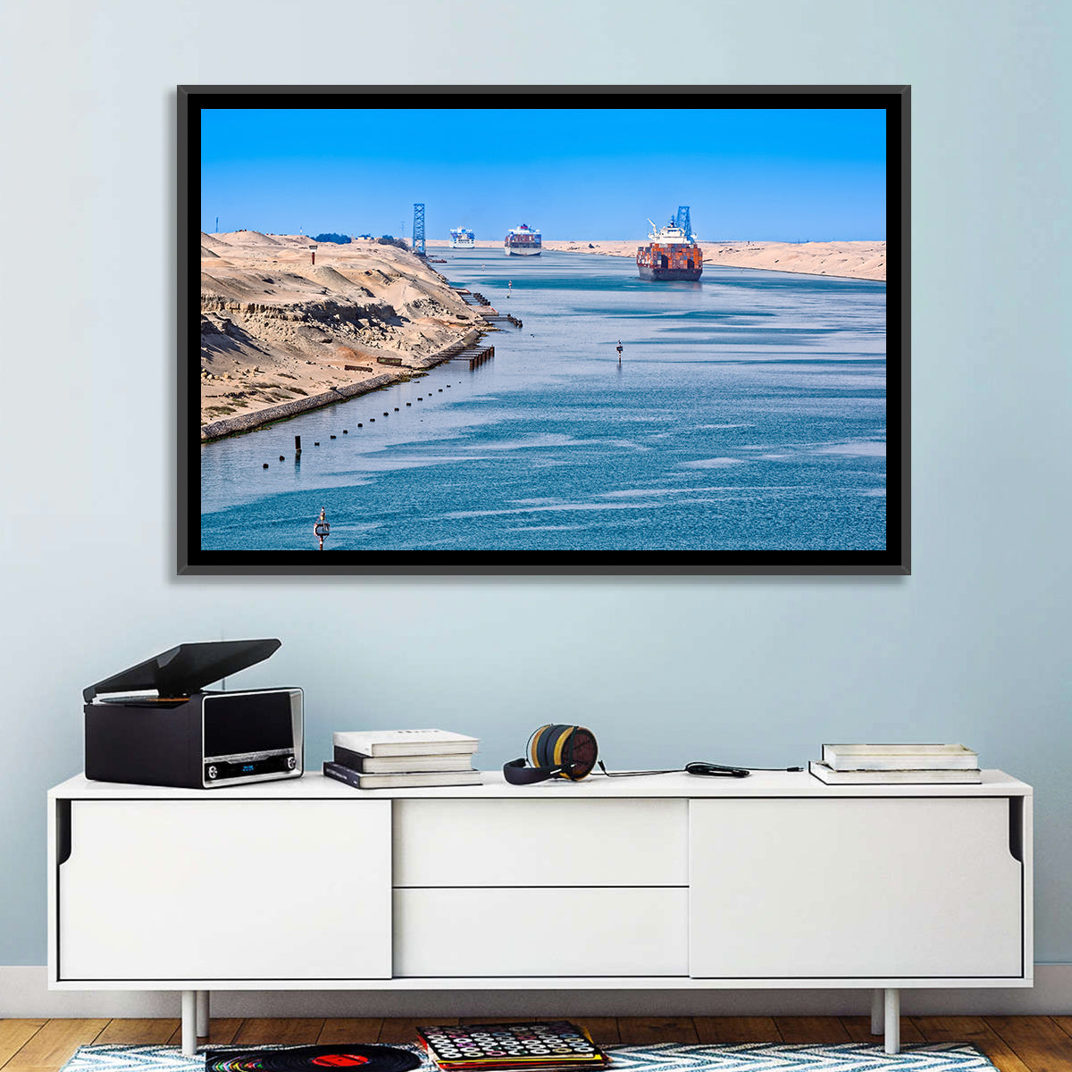 Suez Canal Container Ships Wall Art in a room, landscape