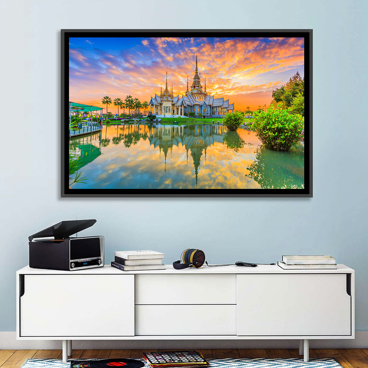 Wat Non Kum Sunset Reflection Wall Art in a room, landscape