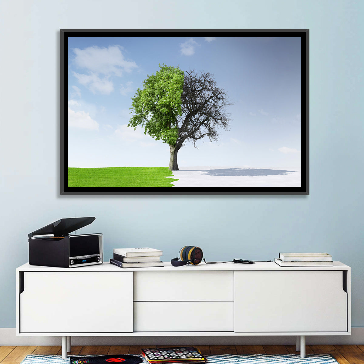 Split Seasons Tree Wall Art in a room, landscape