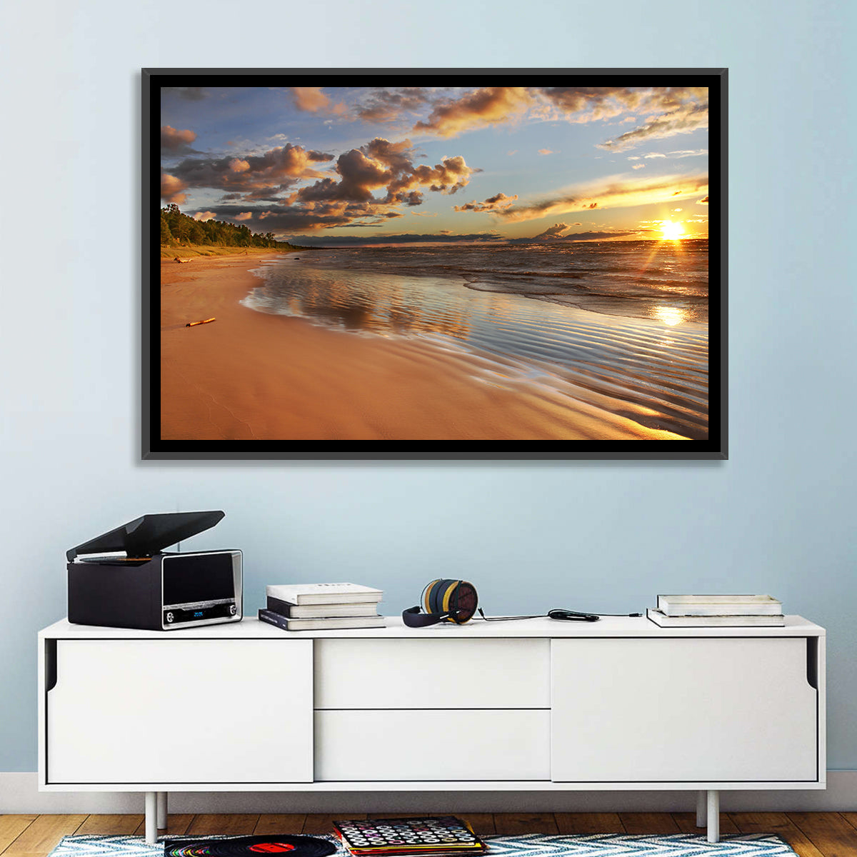 Lake Huron Sunset Beach Wall Art in a room, landscape
