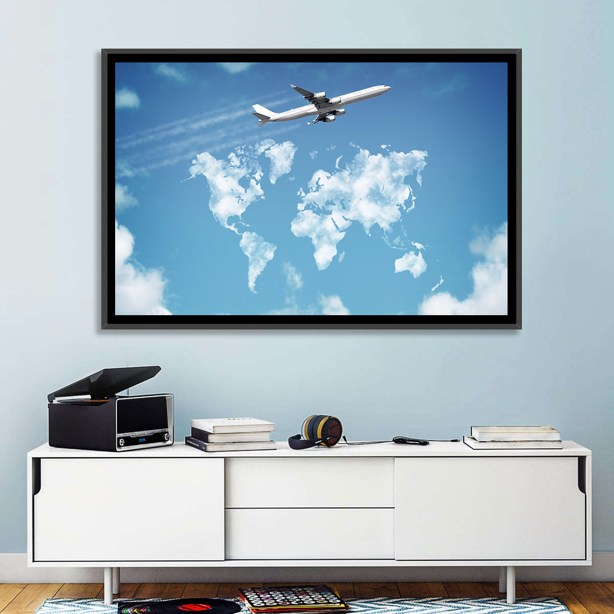 Jet Over Cloud World Map Wall Art in a room, landscape