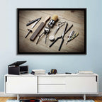 Vintage Barber Tools on Wooden Workbench Wall Art