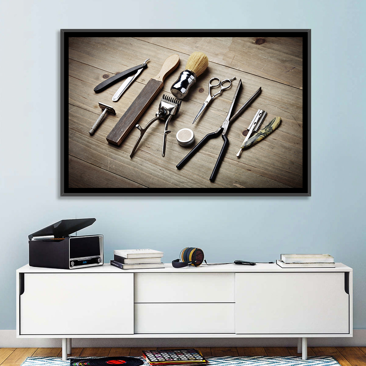 Vintage Barber Tools on Wooden Workbench Wall Art
