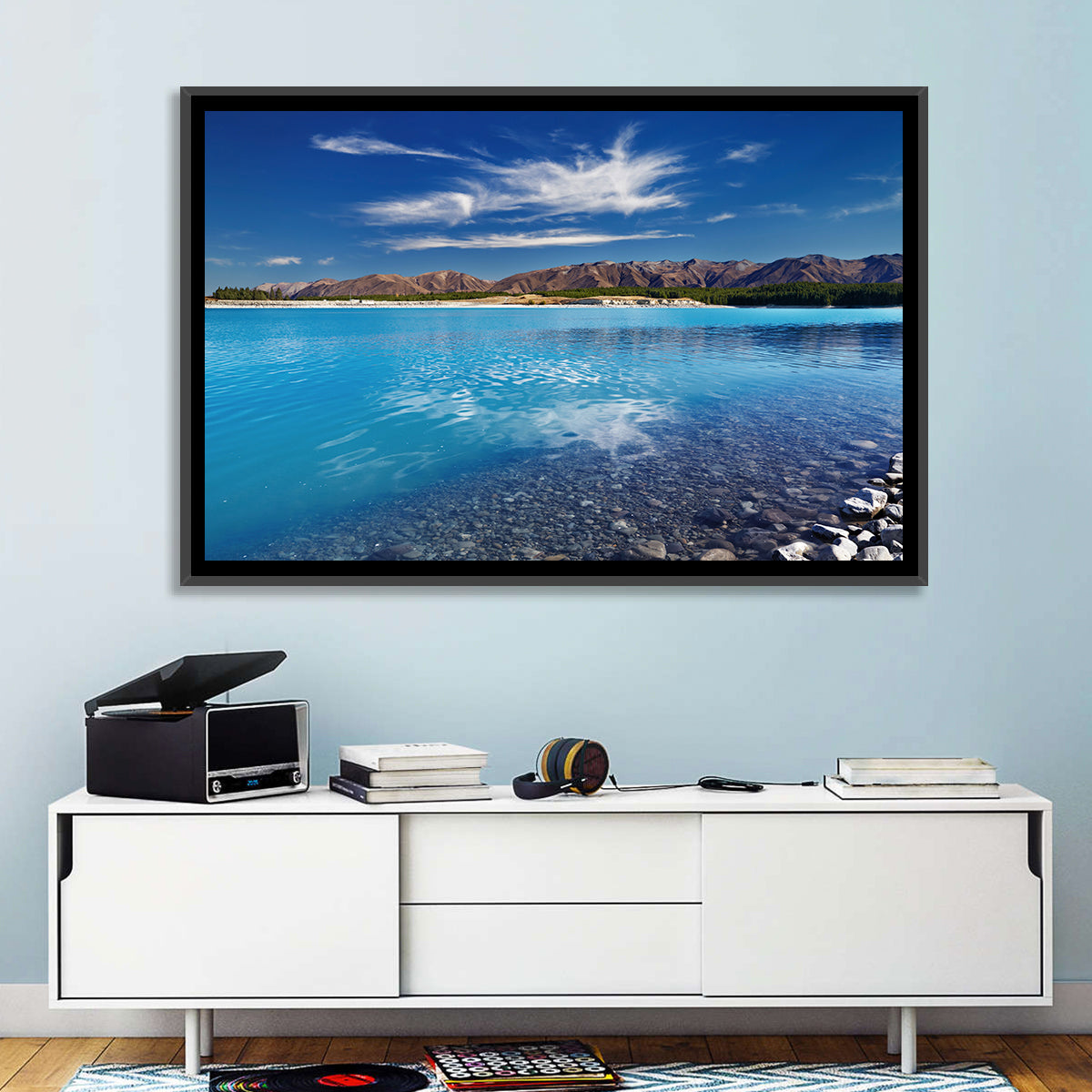 Lake Pukaki Pebble Shore Wall Art in a room, landscape