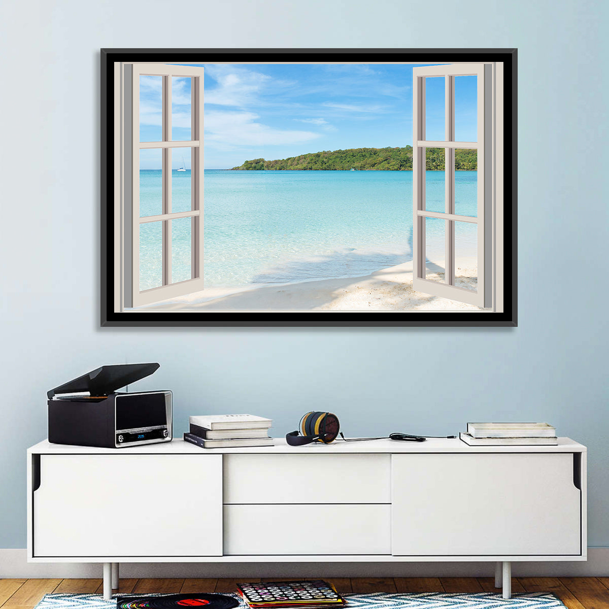Turquoise Beach View Through Window Wall Art in a room, landscape