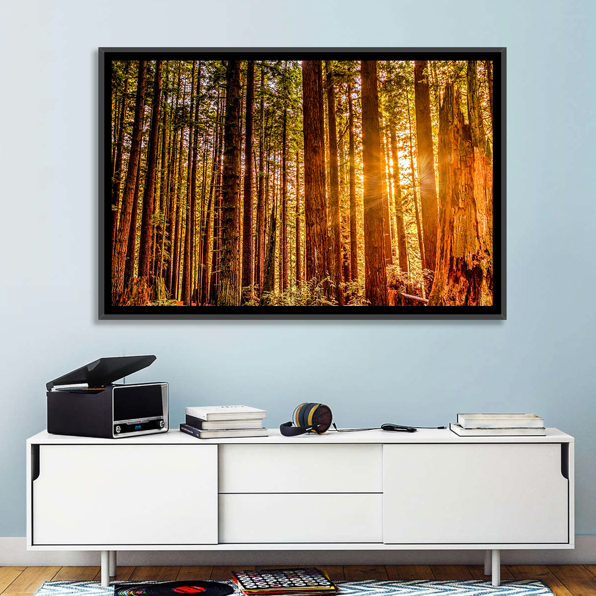 Golden Hour Redwood Sunburst Wall Art in a room, landscape