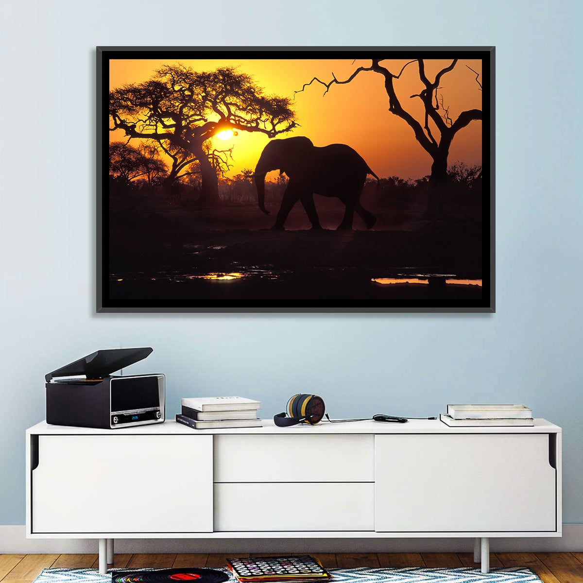 Elephant at Sunset Wall Art in a room, landscape