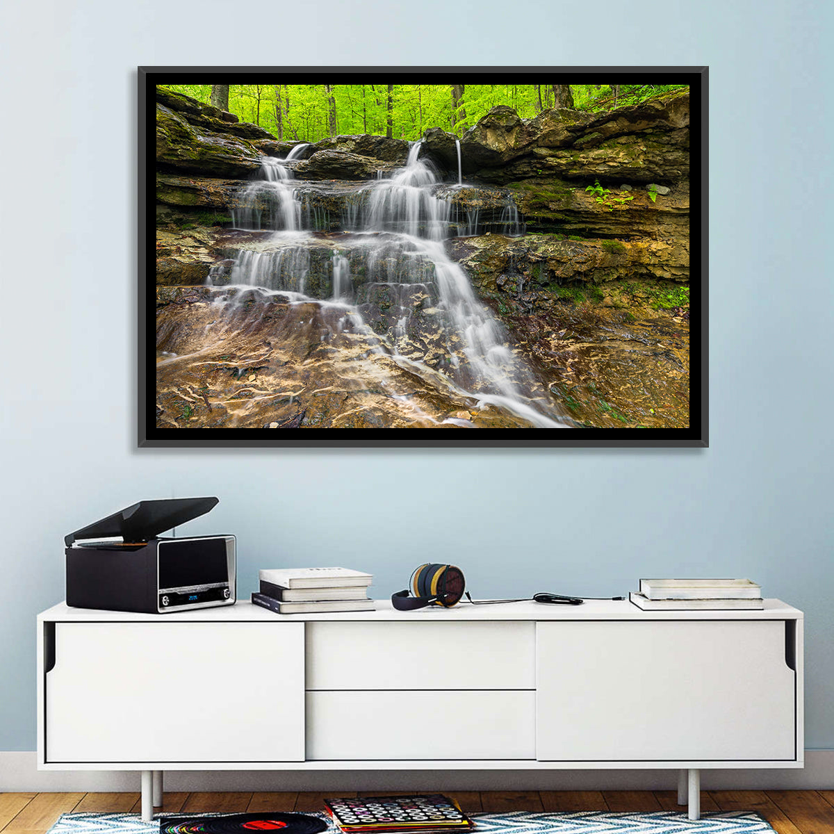Mossy Ledge Waterfall Wall Art in a room, landscape