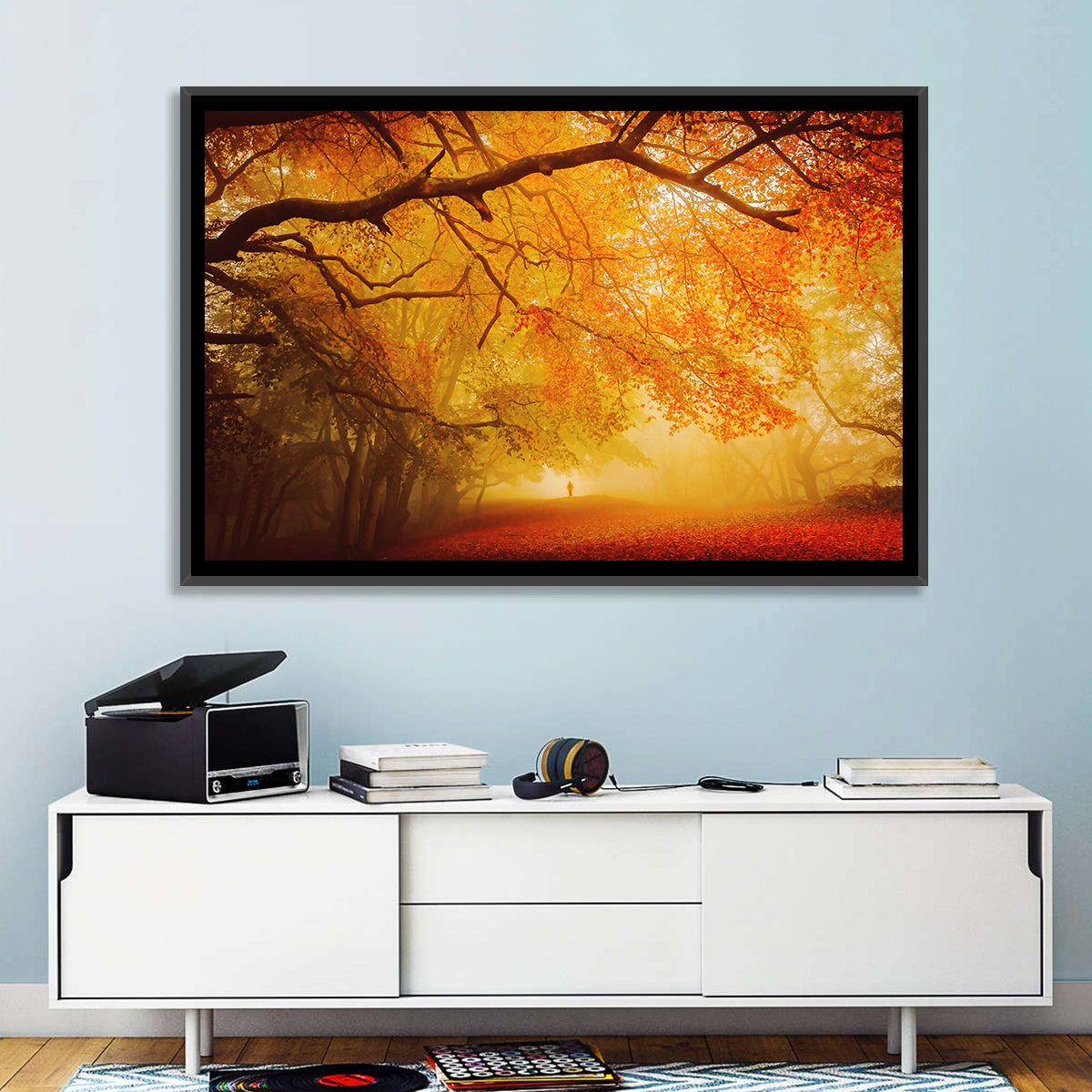 Autumn Forest Path with Lone Figure Wall Art