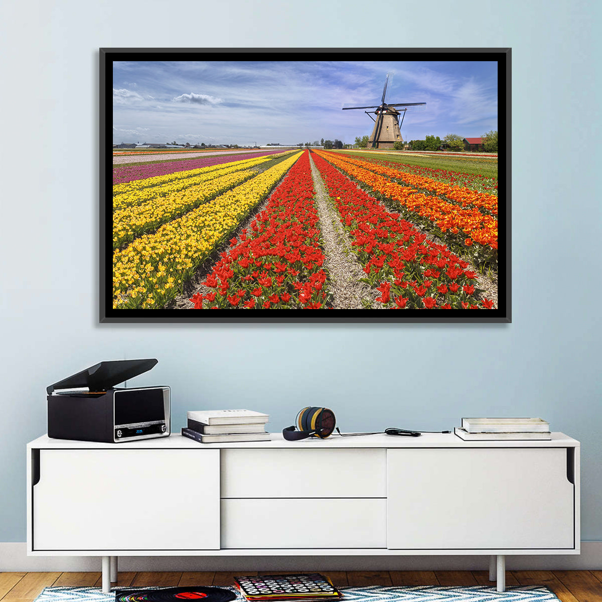 Spring Tulip Fields with Dutch Windmill Wall Art in a room, landscape