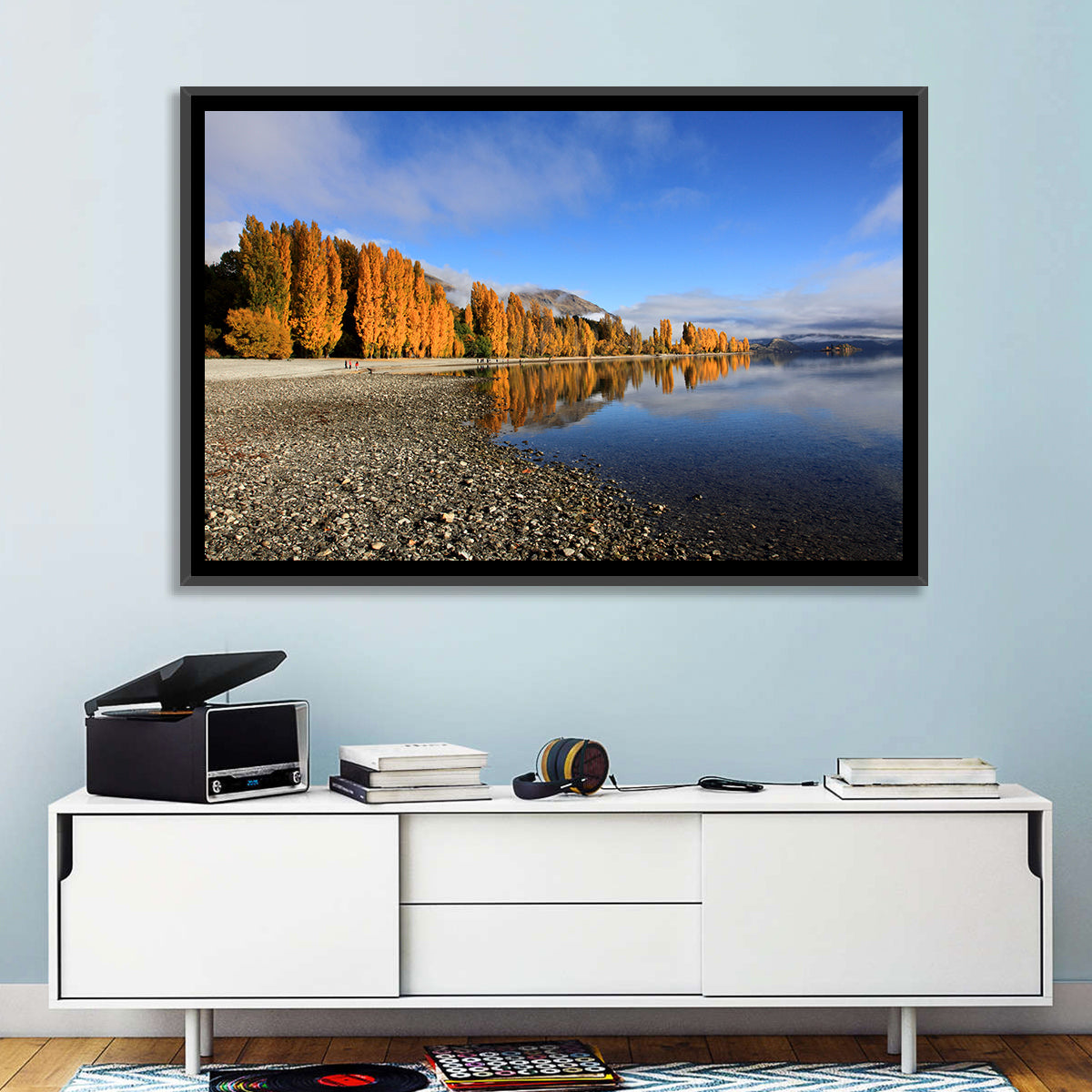 Lake Wanaka Golden Reflection Wall Art in a room, landscape