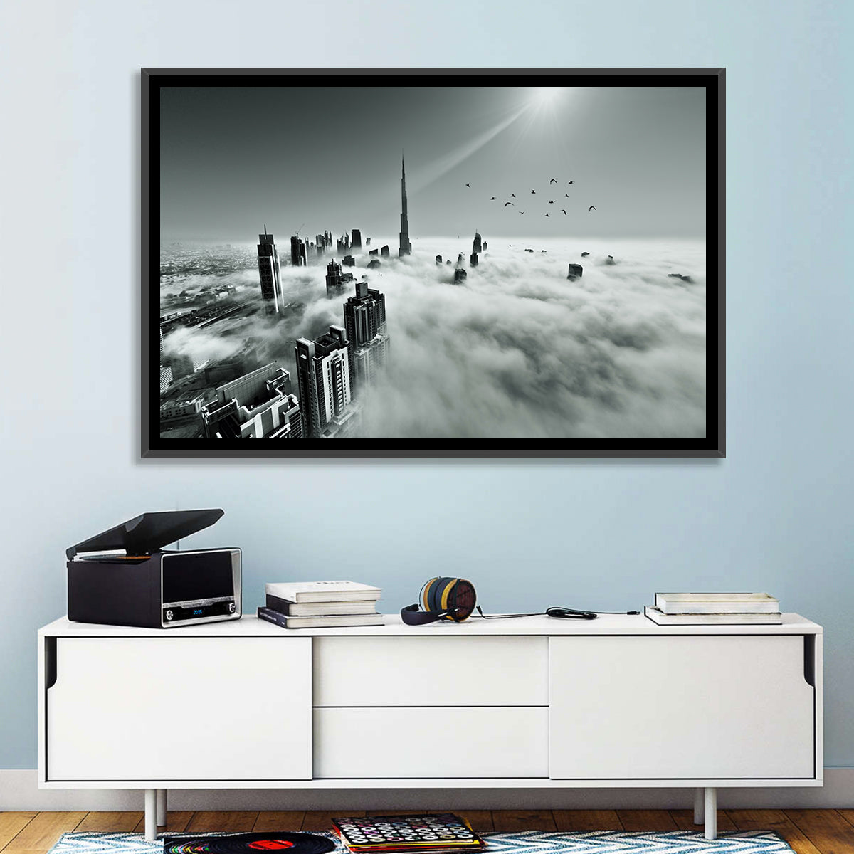 Burj Khalifa Rising Through Morning Fog Wall Art in a room, landscape