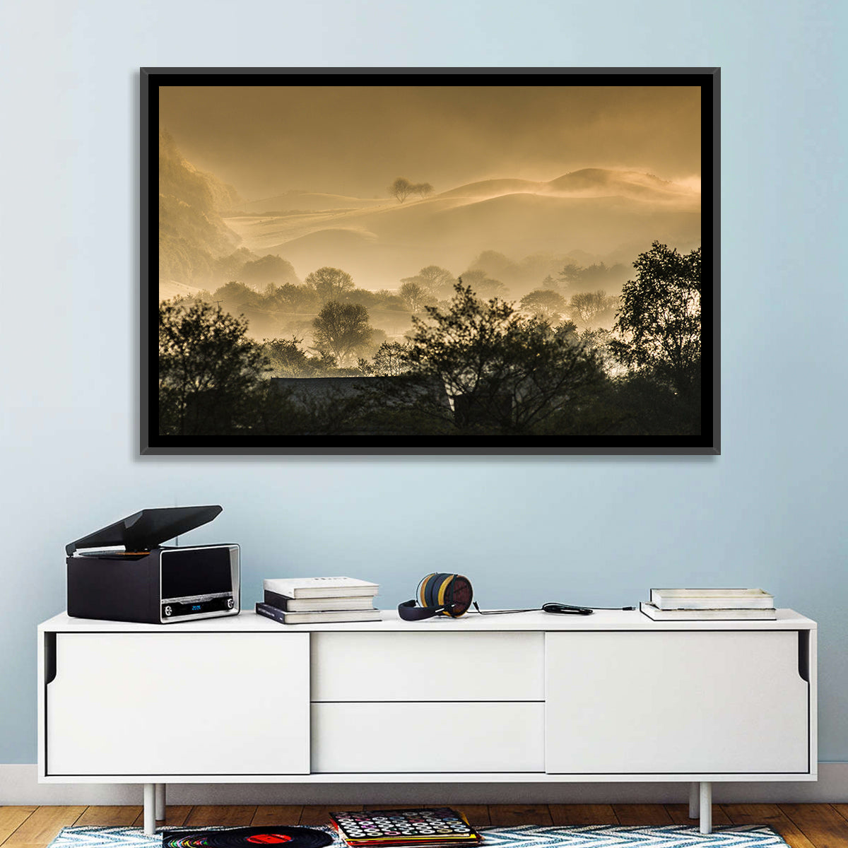 Bronze Morning Mist Over Hills Wall Art in a room, landscape