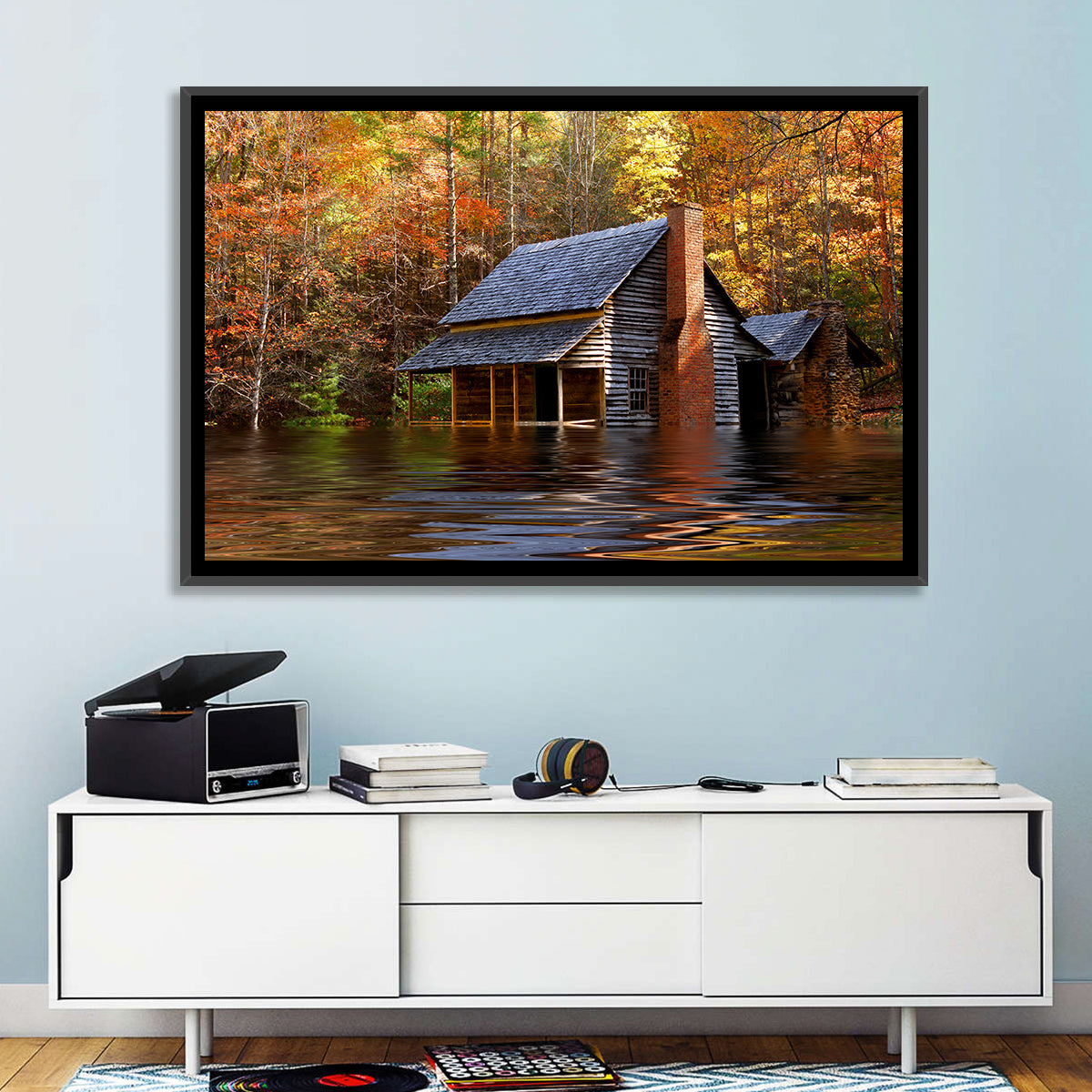 Autumn Flooded Log Cabin Wall Art