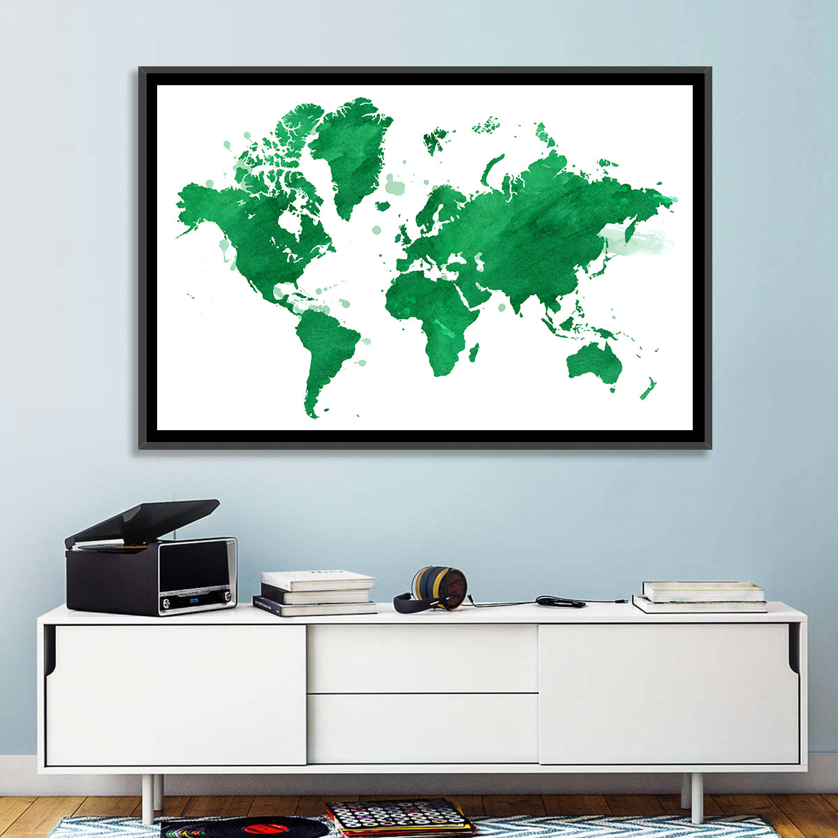 Green Watercolor World Map Wall Art in a room, landscape