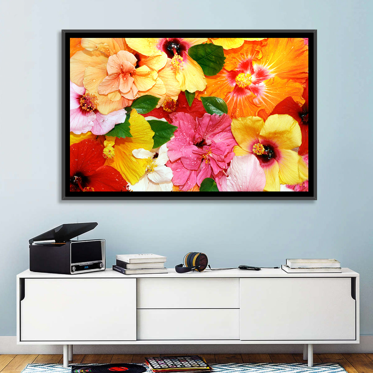 Vibrant Hibiscus Close-up Wall Art in a room, landscape