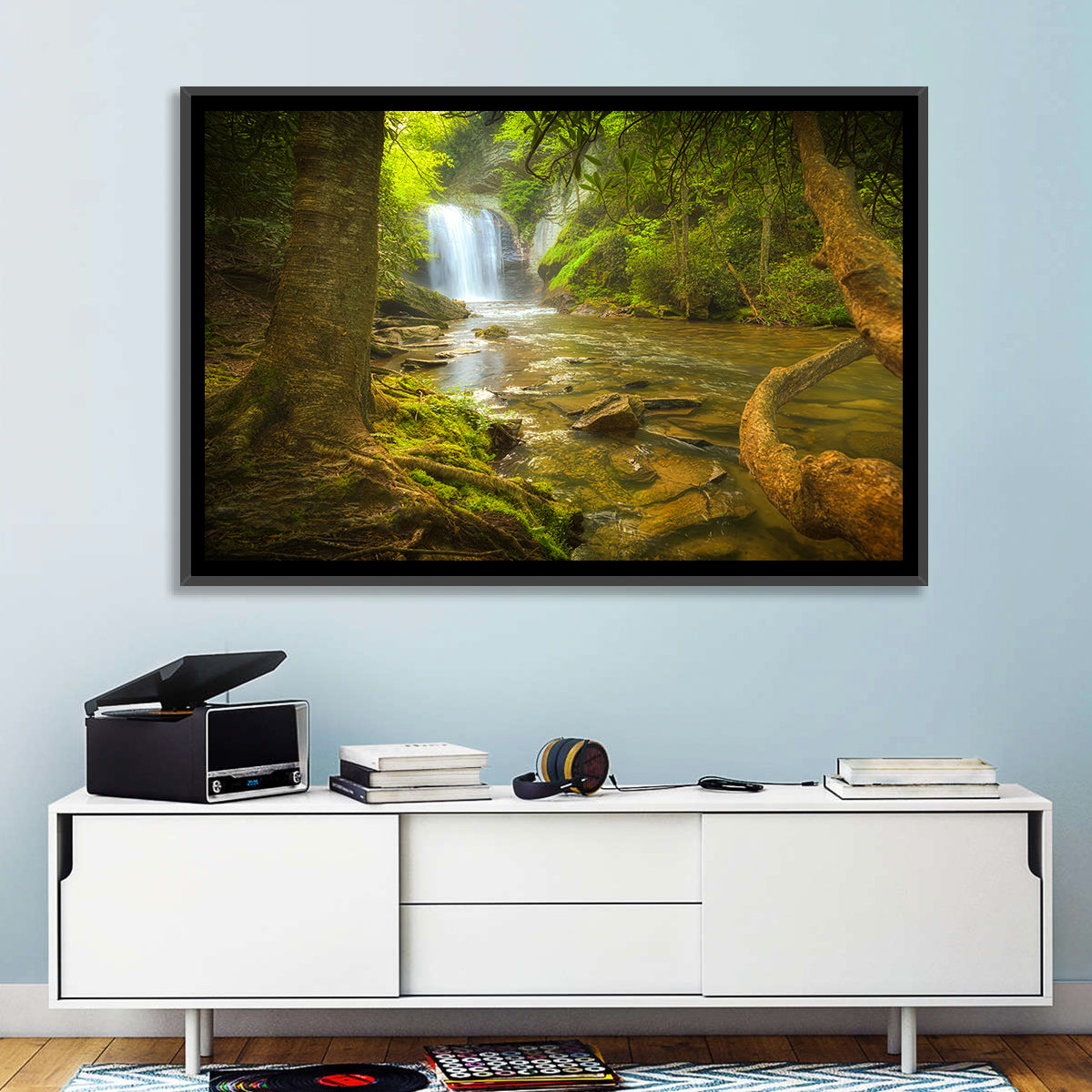 Deep Forest Waterfall Wall Art in a room, landscape