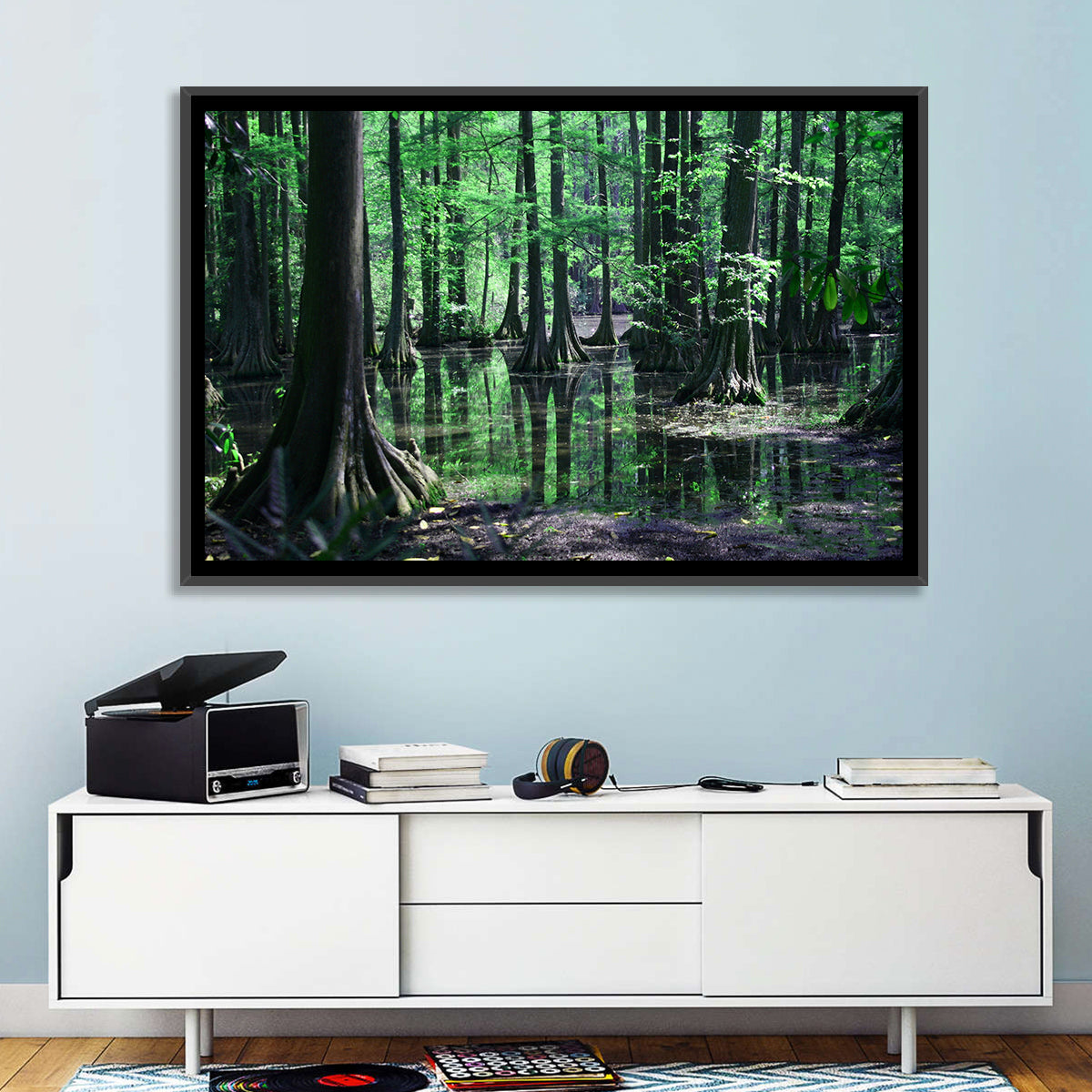 Congaree Swamp Reflection Wall Art in a room, landscape